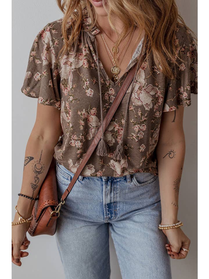 Khaki Retro Floral Print Tassel Tie Split Neck Short Sleeve Blouse for wholesale on Faire