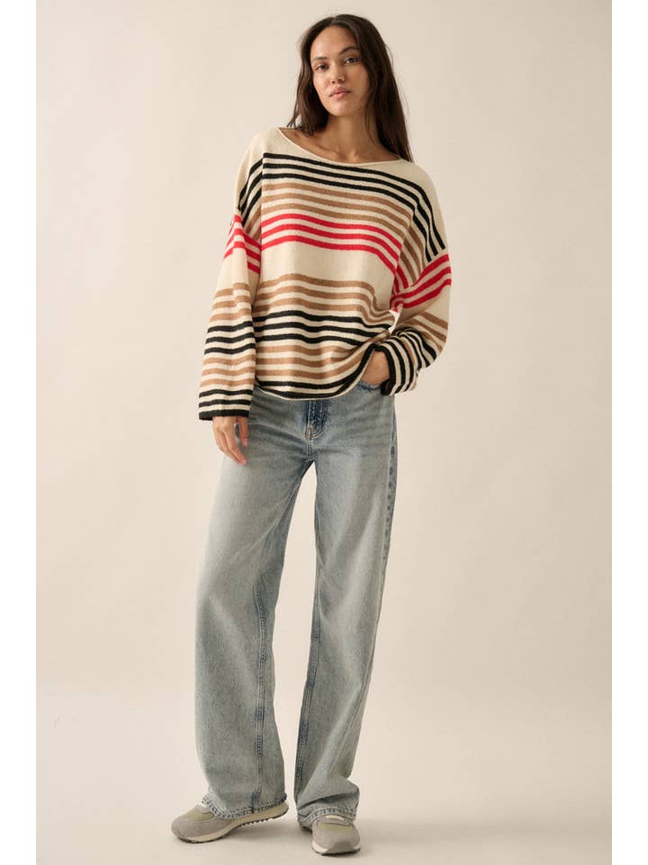 Promesa USA - Wholesale Knit Sweater - Women's - Multicolor Striped Knit Loose-Fit Boatneck Sweater