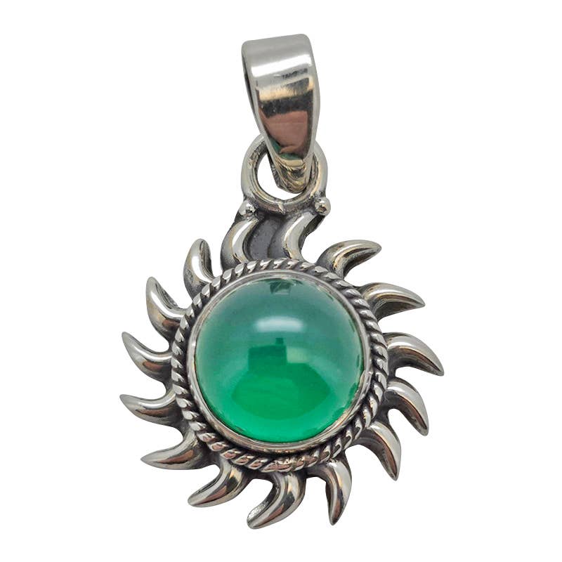 Amberman - Venta al por mayor Abalorios/colgantes individuales - Colgante con forma de sol de plata de ley con ónix verde0