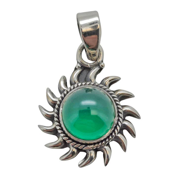 Amberman - Venta al por mayor Abalorios/colgantes individuales - Colgante con forma de sol de plata de ley con ónix verde