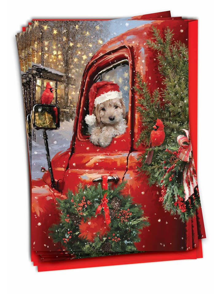 Box of 12 Christmas Card - Red Truck Puppies for wholesale by NobleWorks
