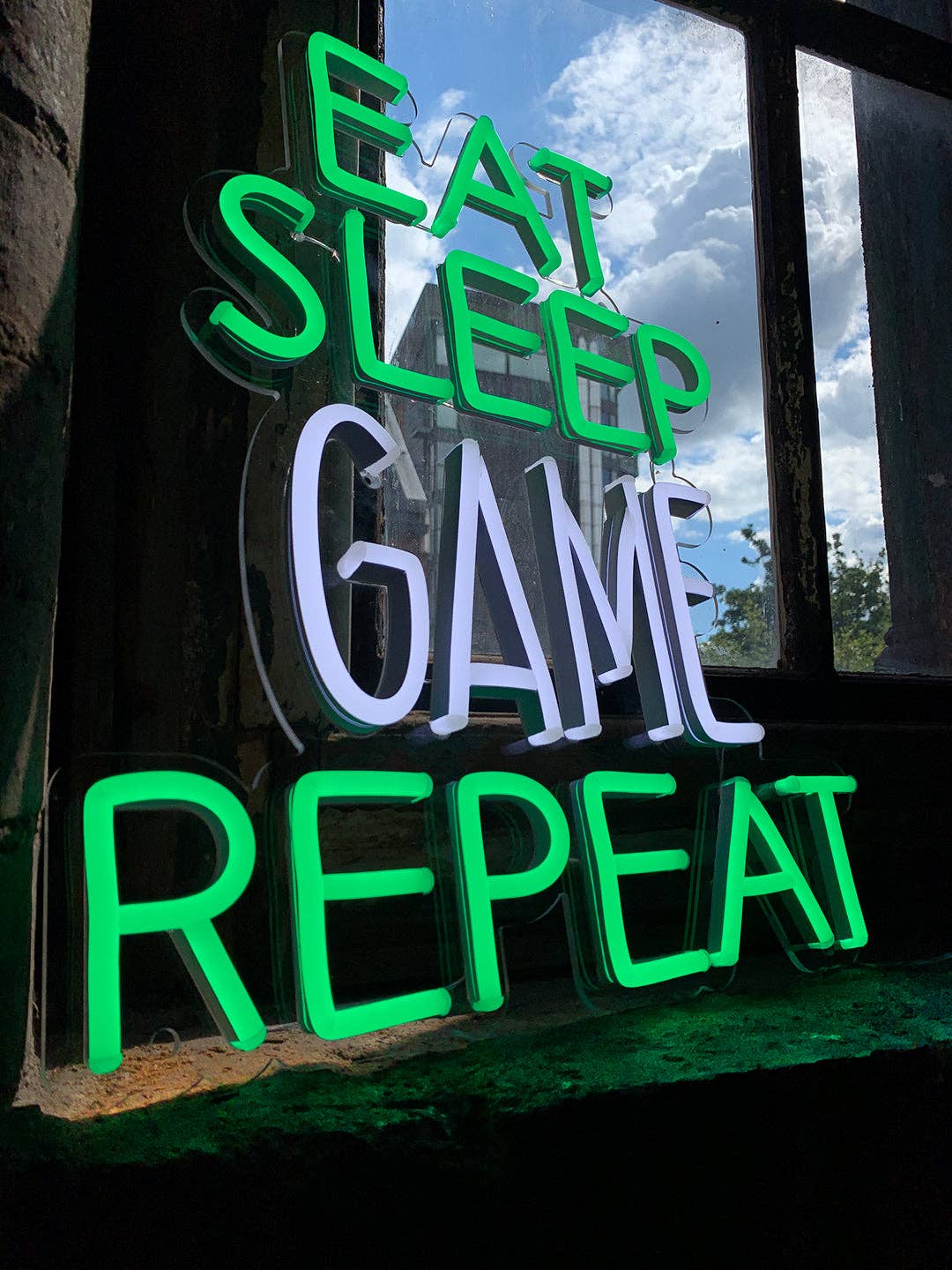 Eat Sleep Game Repeat' Green & White Neon LED Wall  Sign for wholesale on Faire3