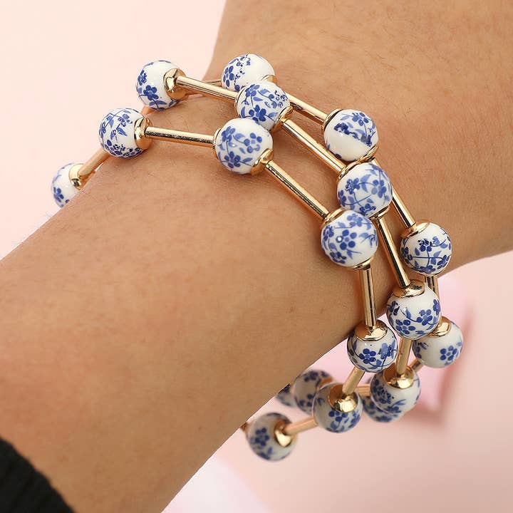 Sensibling Corp. - Wholesale Jewelry Set - 3PCS - Floral Ceramic Ball Beaded Stretch Multi Layered Bracelets6