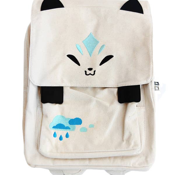 White Queenie Fox Backpack - Teal Rain Clouds for wholesale by Floral Frolic
