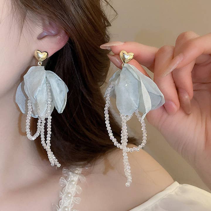 Silver Needle Flower Tassel Earrings for wholesale by MoodGold