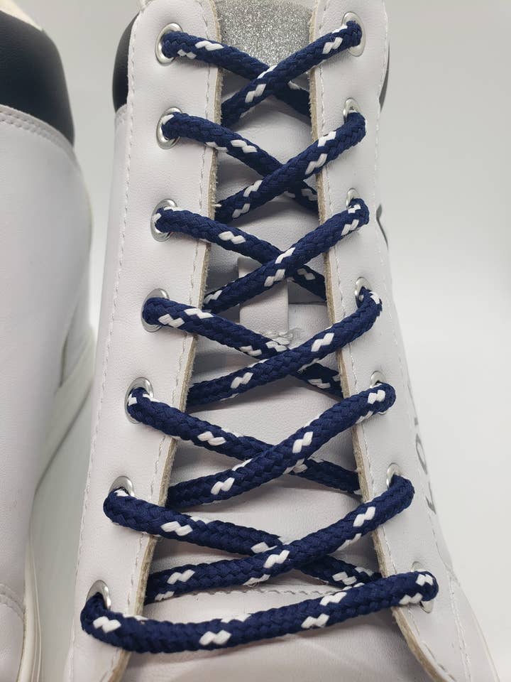 Round Classic Shoelaces - Navy Blue with White Accents for wholesale by The Shoelace Factory