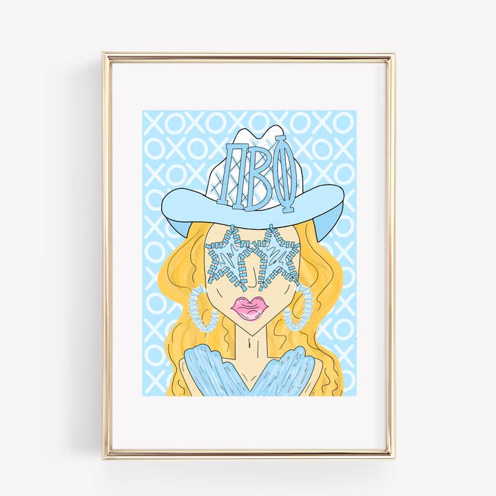 Pi Beta Phi - CUSTOMIZABLE Blue Funky Cowgirl - PRINT for wholesale by Made By Marissa Art