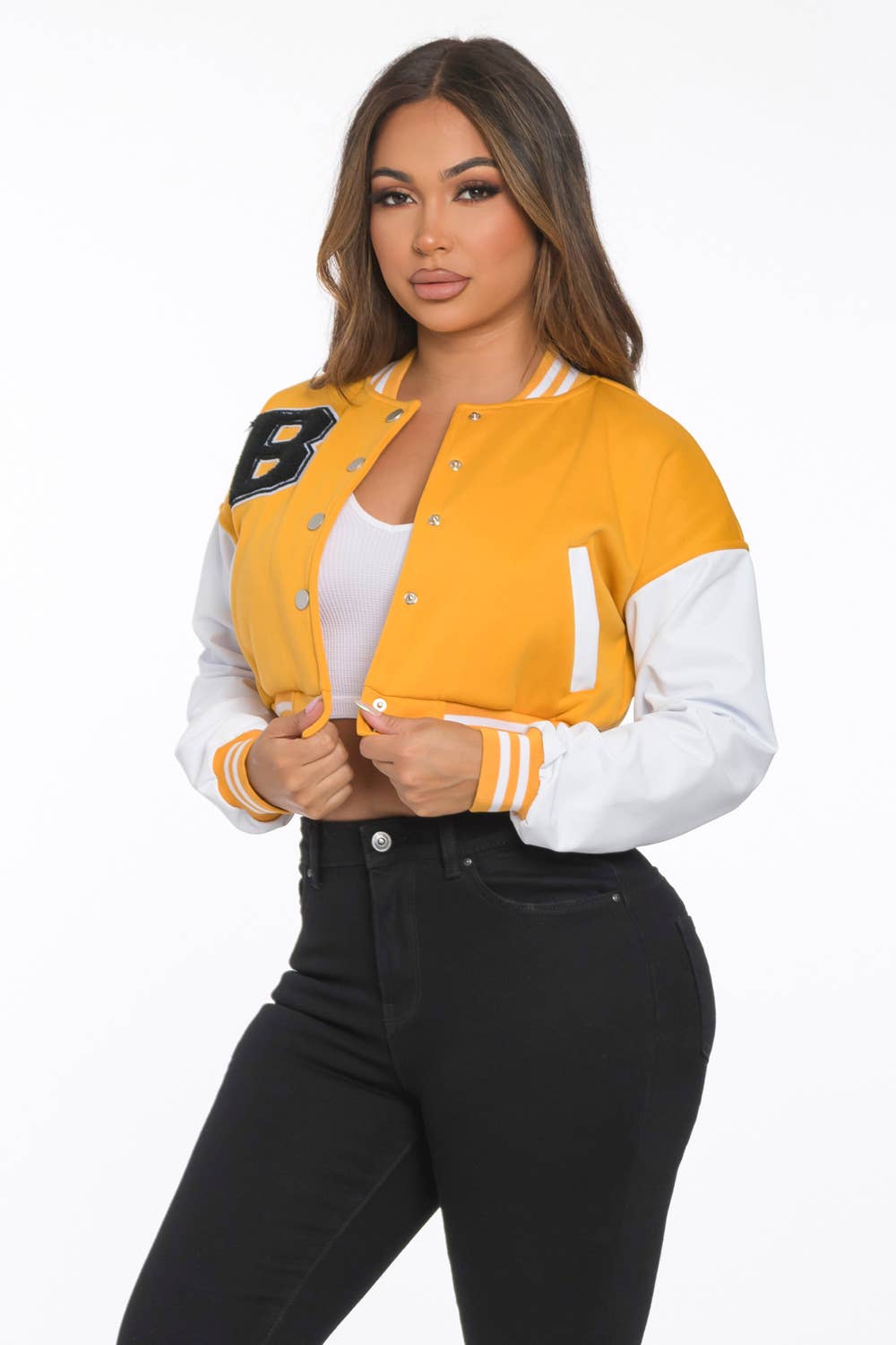 Lime All the Time - Wholesale Varsity/Baseball Jacket - Women's - B Logo Cropped Varsity Jacket with pocket6