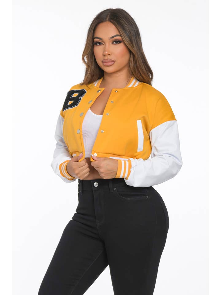 Lime All the Time - Wholesale Varsity/Baseball Jacket - Women's - B Logo Cropped Varsity Jacket with pocket6