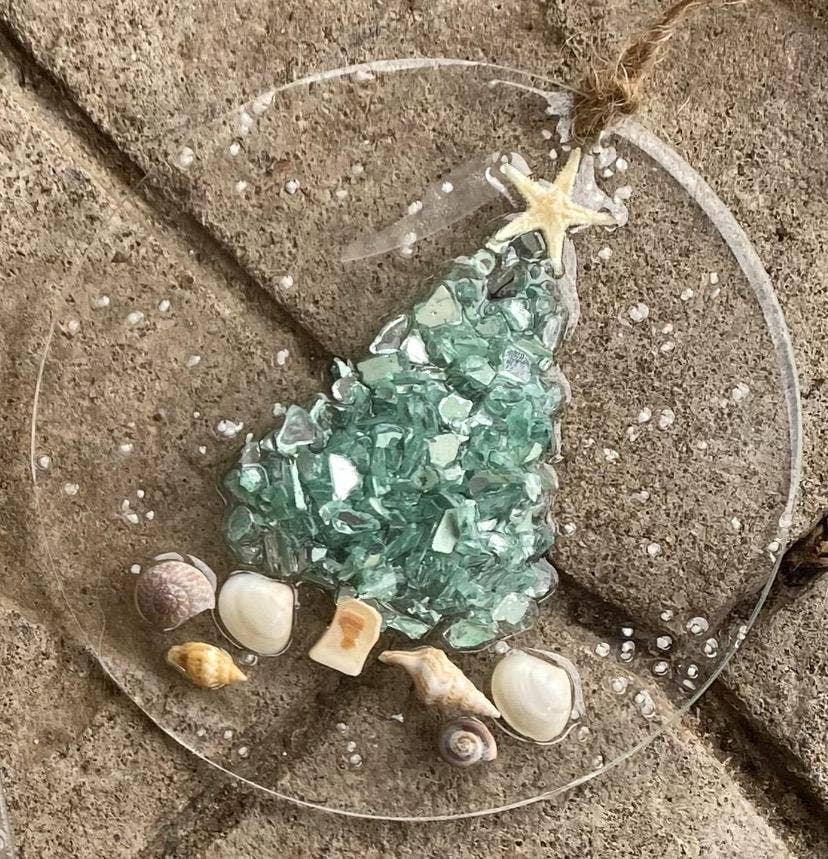 Sea Dreams Coastal Art - Wholesale Ornament - Coastal Christmas Ornament- Aqua  Christmas Tree w/ shells , Beachy Christmas,starfish, Handmade, glass ornament,resin art, Beachy ornament1