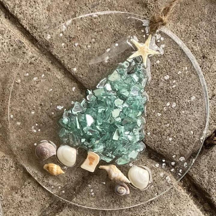 Sea Dreams Coastal Art - Wholesale Ornament - Coastal Christmas Ornament- Aqua Christmas Tree w/ shells , Beachy Christmas,starfish, Handmade, glass ornament,resin art, Beachy ornament1