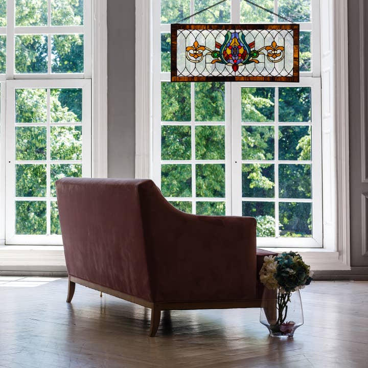 River of Goods - Wholesale Suncatcher - 30"L Fleur De Lis Victorian Stained Glass Pub Window Panel24