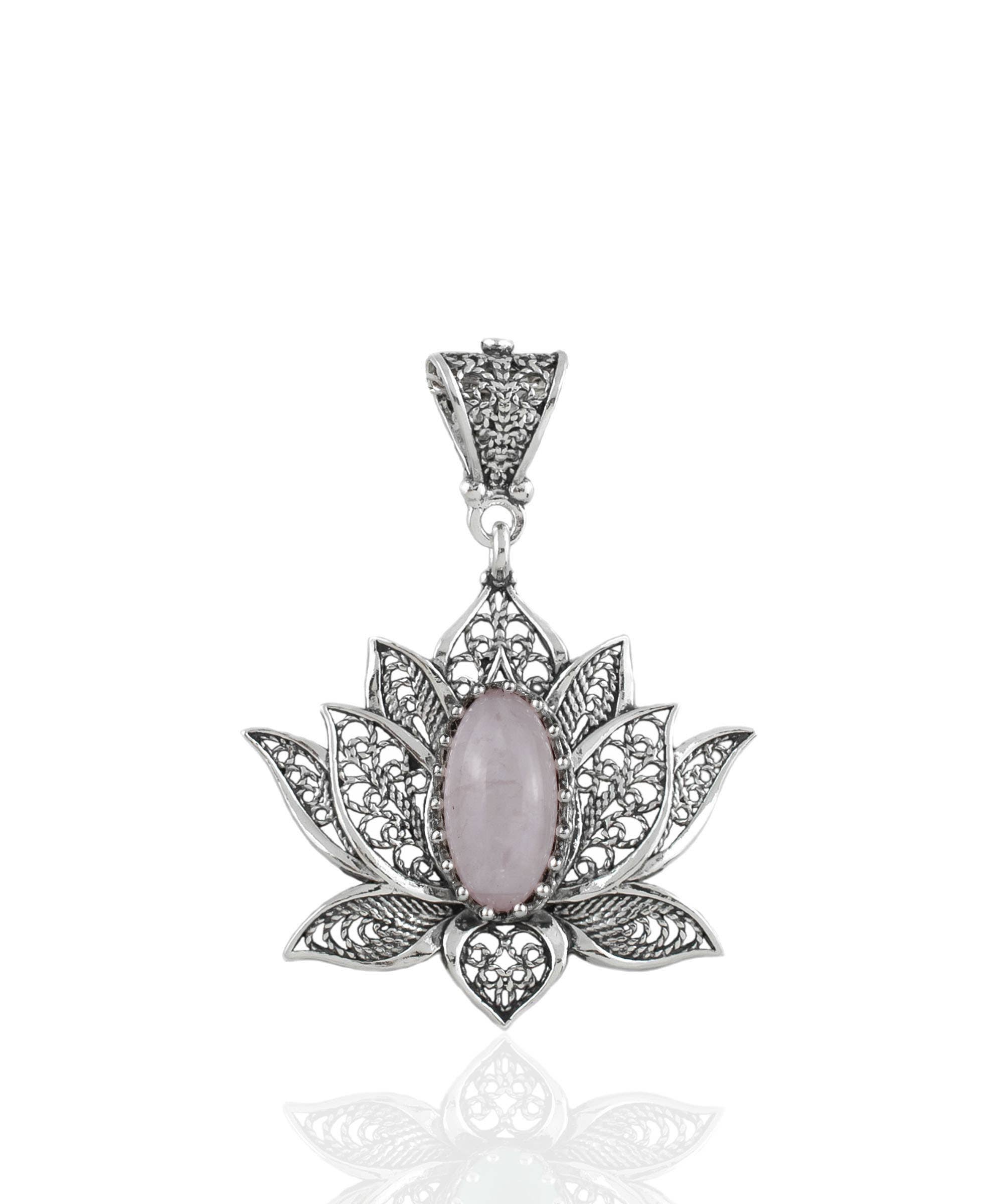 Filigranist Jewelry - Vente Colliers à pendentif - Collier à pendentif en argent sterling en filigrane en forme de lotus et quartz rose pour femme1