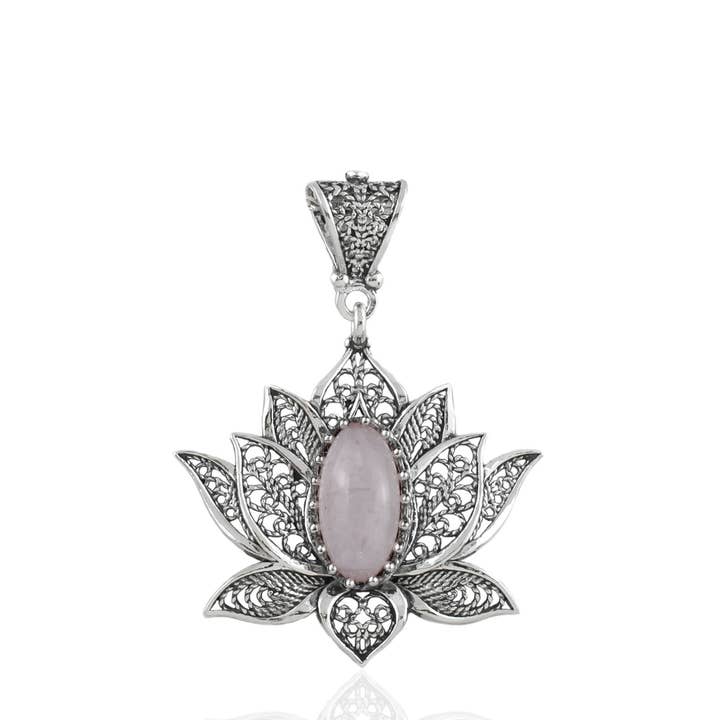 Filigranist Jewelry - Wholesale Pendant/Charm Necklace - Sterling Silver Filigree Lotus Rose Quartz Gemstone Woman Pendant Necklace1