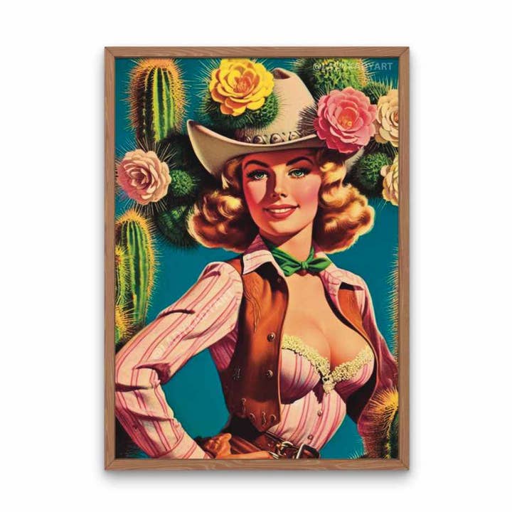 Cactus Cowgirl Art Print, Retro Western Home Decor, Unique for wholesale by Lady Kady Art