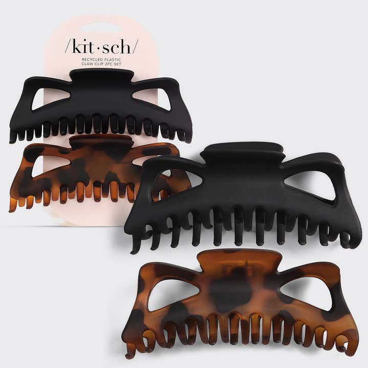 KITSCH - Wholesale Hair Clip - Women's - Recycled Plastic Jumbo Classic Claw Clips 2pc - Black & Tort