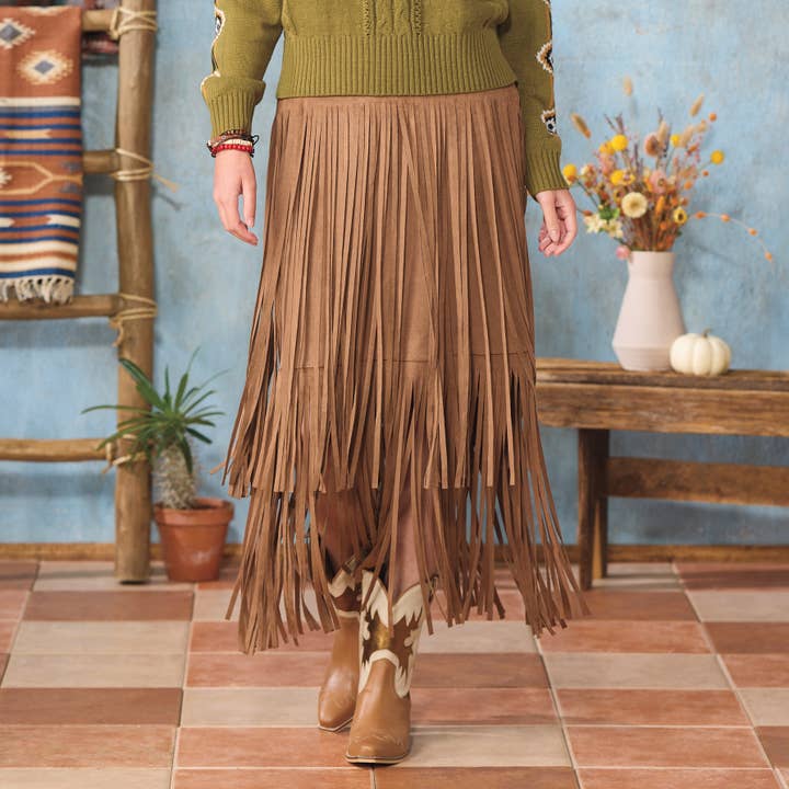Back in the Saddle - Wholesale Skirt - Women's - Upland Faux-Suede Fringed Skirt3