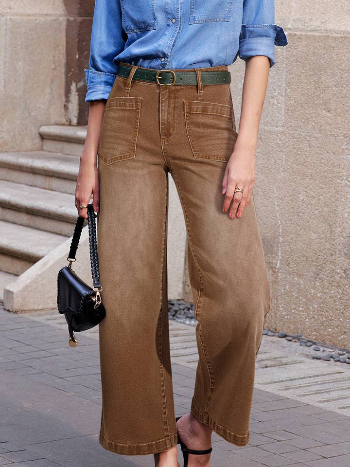 Denim High Waist Patch Pocket Straight Leg Jeans for wholesale by PRETTY BASH