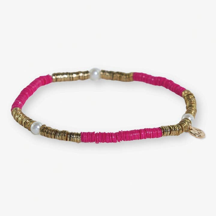 Bracciale elastico piccolo con paillettes a tinta unita Rory con oro e perle rosa acceso all'ingrosso per la vendita all'ingrosso da parte di INK + ALLOY