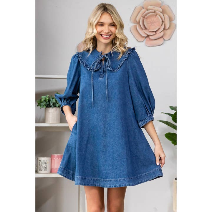 V Neck Tie Ruffle Collar Denim Dress for wholesale by Veveret
