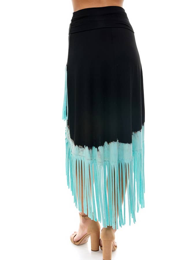 T-Party – wholesale Skirt – Women’s – Tri Color Die Dye Hi Low Horizontal Fringe Western Skirt3