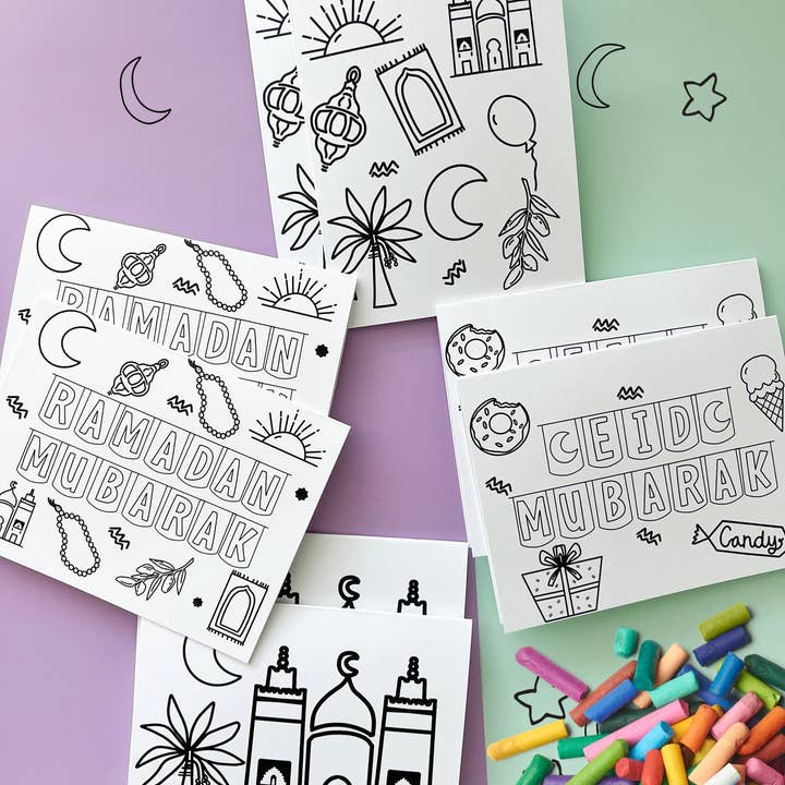 Erum Khalili - Wholesale Coloring & Activity Book - Kids & Baby - Set of 8 - Ramadan and Eid Coloring Cards1
