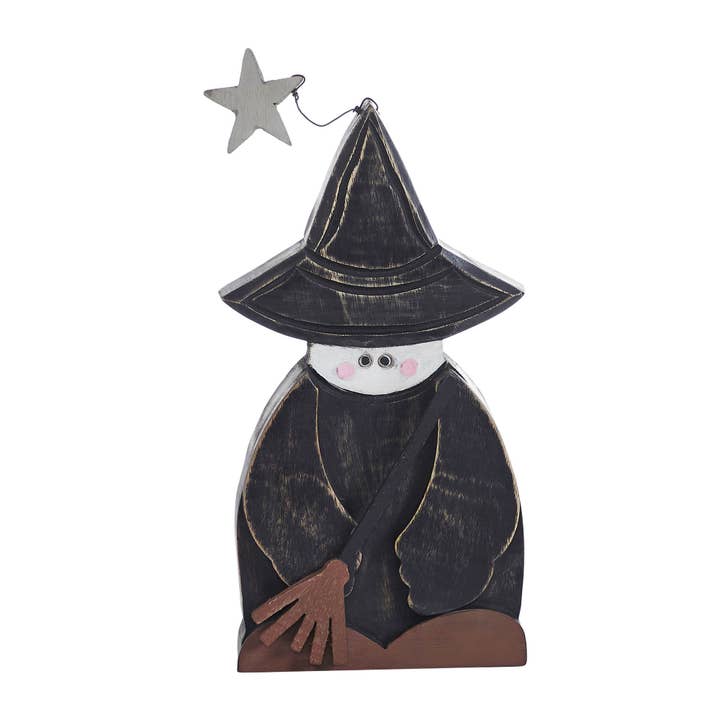 VHC Brands - Wholesale Decorative Tabletop Object - Witch w/ Broom Wooden Figurine 10x5.5x1.5