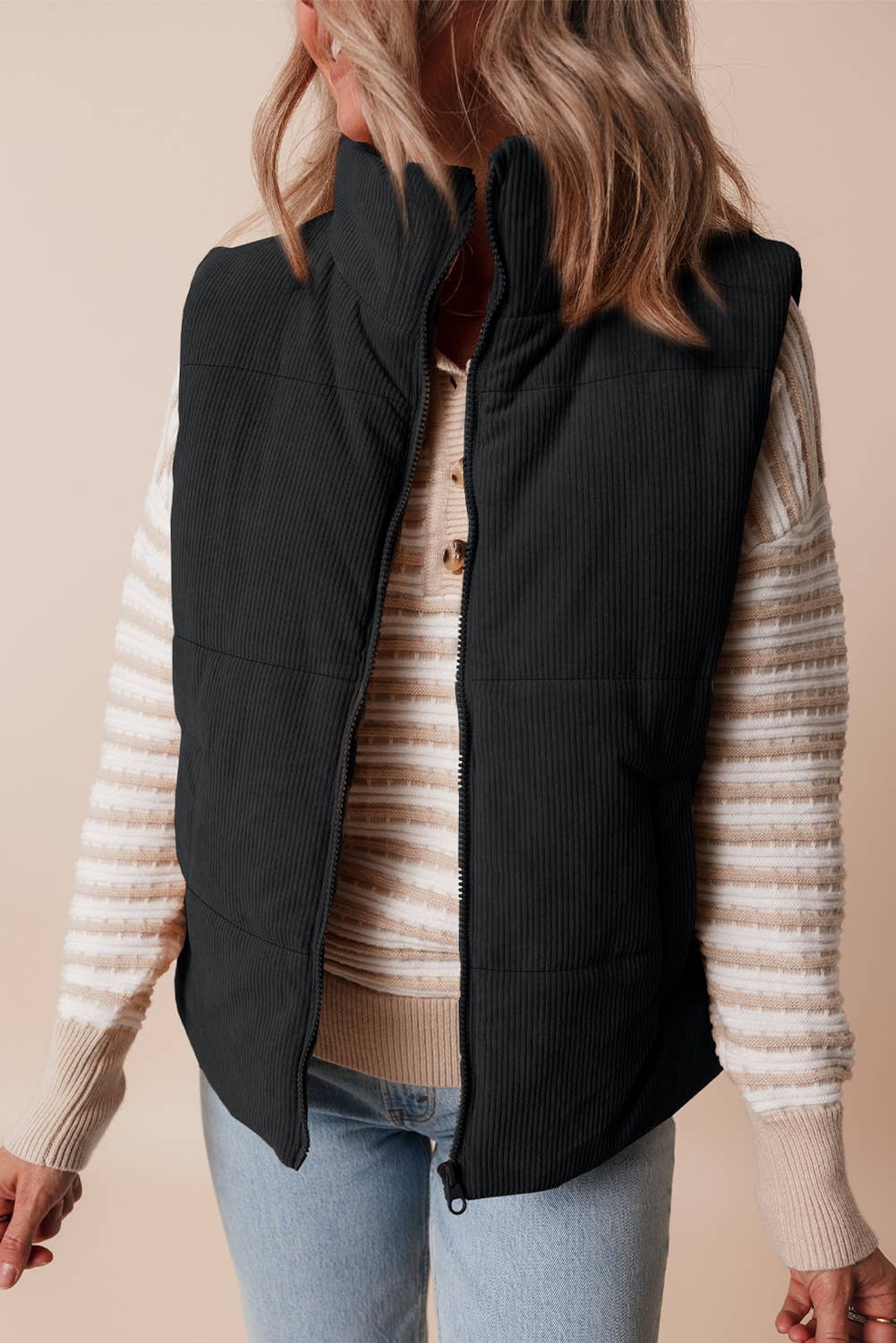 1 the Woman - Wholesale Outerwear Vest - Women's - Corduroy Stand Neck Zipped Puffer Vest10