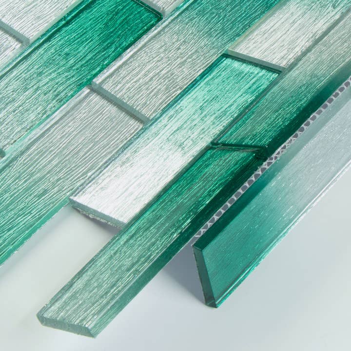 WS Tiles - Wholesale Wall Tile - 2" x 6" Foil Glass Mosaic Subway Tile, Backsplash for Kitchen and Bathroom - 5 Square Feet Per Carton - Foil Silver and Aqua Blue6