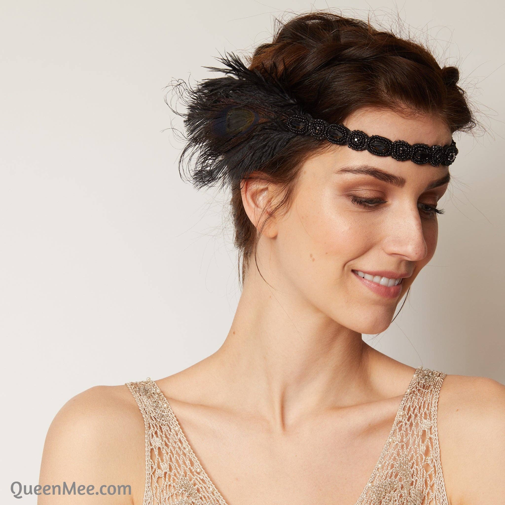 QueenMee Accessories - Wholesale Fashion Headband - Women's - 1920s Headpiece in Black with Peacock Feathers and Beading4