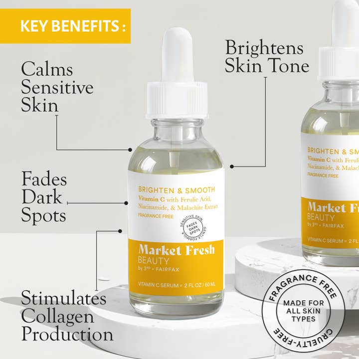 Market Fresh Beauty – wholesale Facial serum/concentrate – Market Fresh Beauty Vitamin C Serum with Ferulic Acid, Niacinamide, & Malachite Extract | Brighten & Smooth | Fragrance-Free | 2 fl oz1