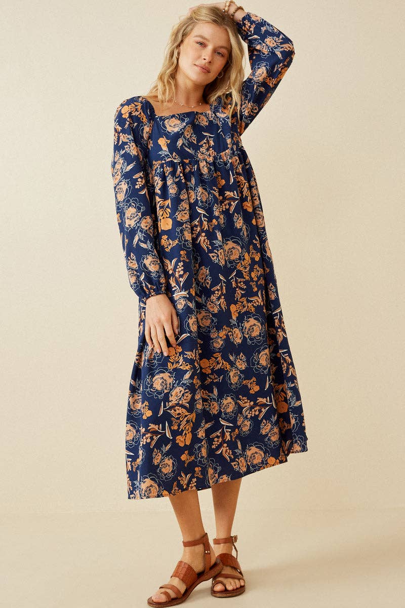 Navy Womens Romantic Floral Square Neck Midi Dress for wholesale on Faire