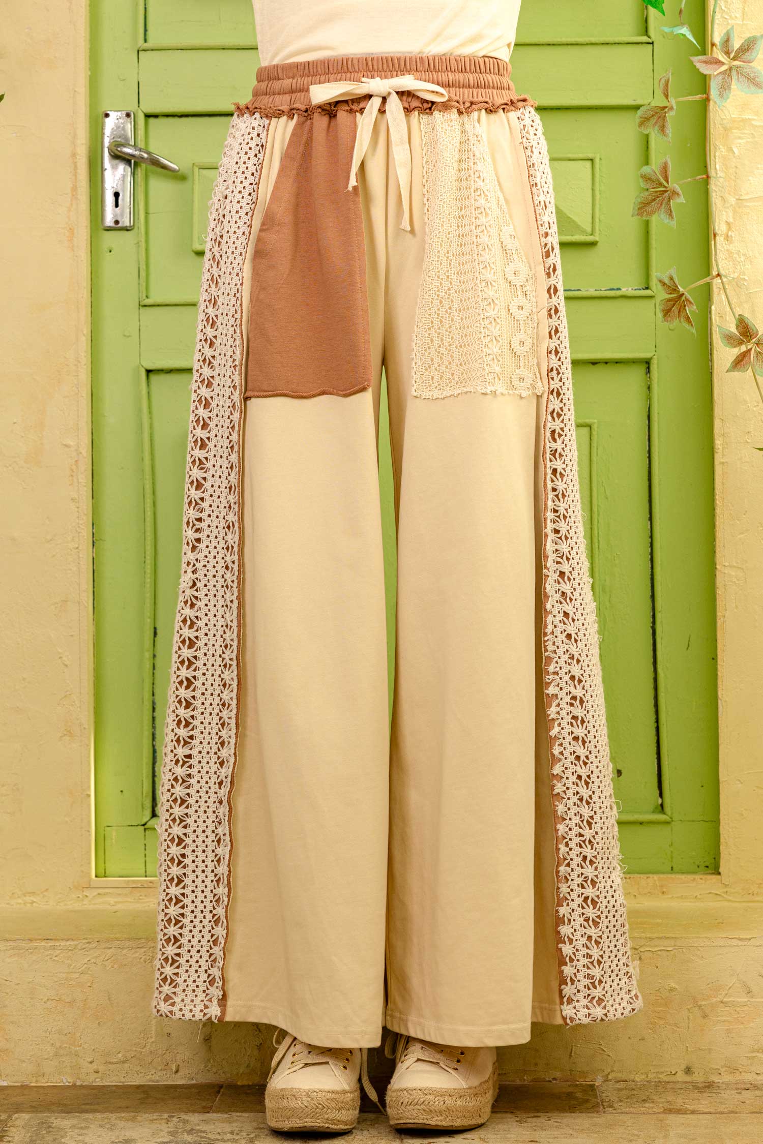 Multi Lace Accents Patchwork Maxi Pants for wholesale on Faire