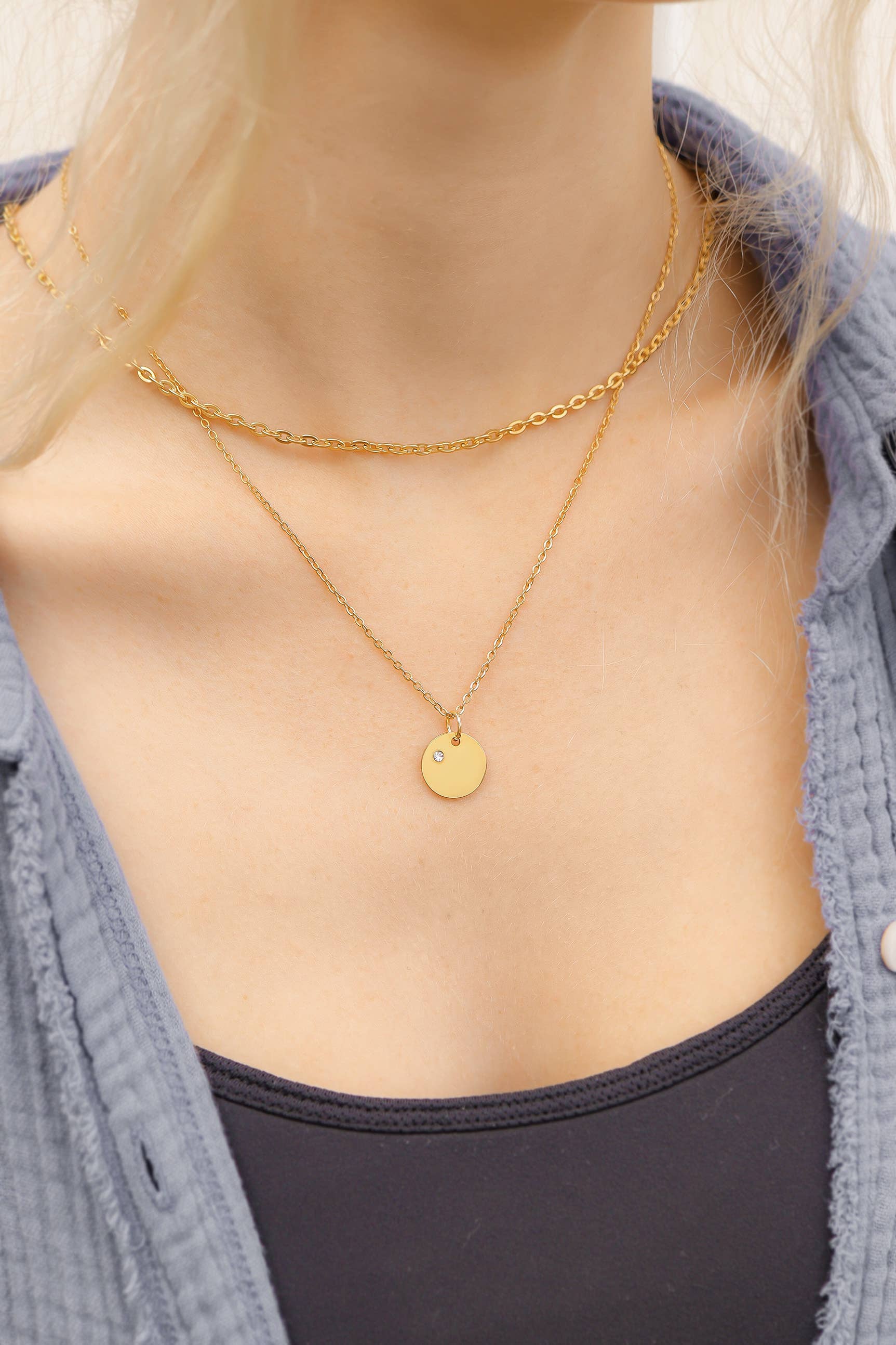 WJW - Vendita all'ingrosso Ciondolo/pendente - Charm rotondo da incidere con pietra di nascita, acciaio inox PVD oro 18K17