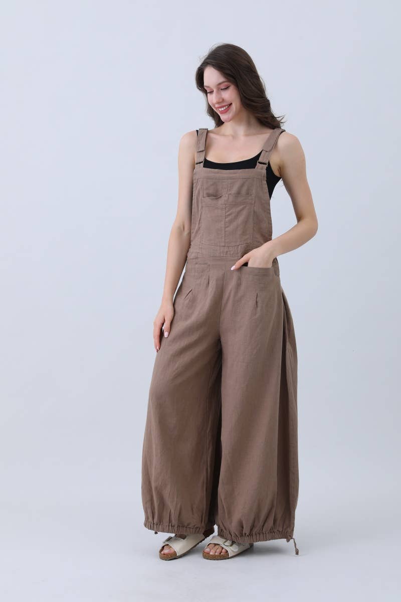 Mocha Natural Linen Jumpsuit for Women – Wide Leg Adjustable Cuffs for wholesale on Faire5