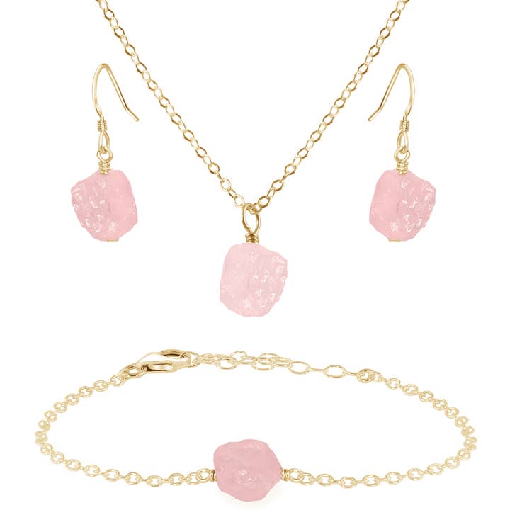 Luna Tide - Wholesale Jewellery set - Raw Rose Quartz Crystal Jewellery Set