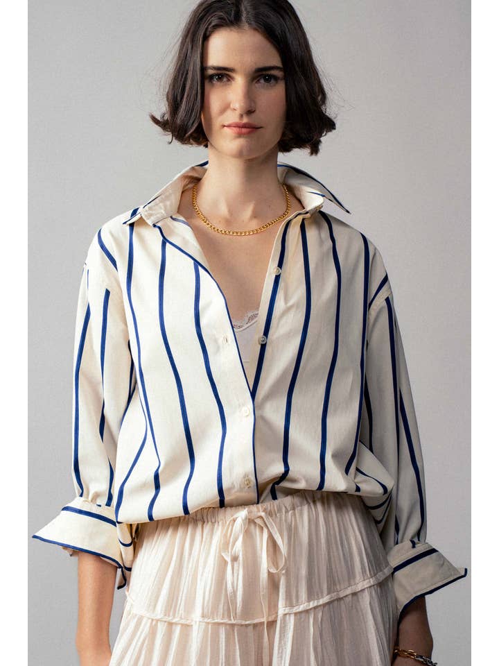 IVORY BLUE Oversized Coastal Stripe Button-Down Shirt for wholesale on Faire
