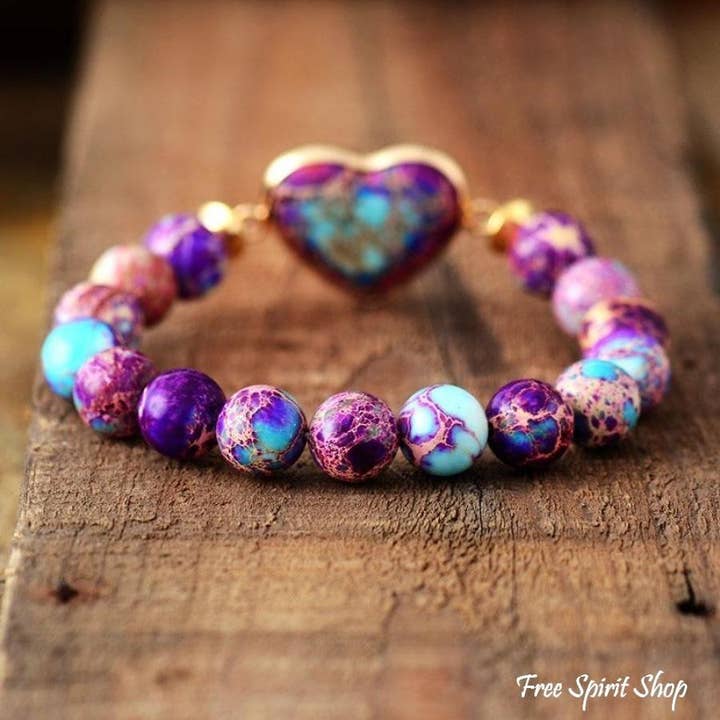 Free Spirit Shop – Pulseira de missangas por atacado – Pulseira Handmade Handmade Purple Jasper LOVE Conta, Banda Coração Boho1