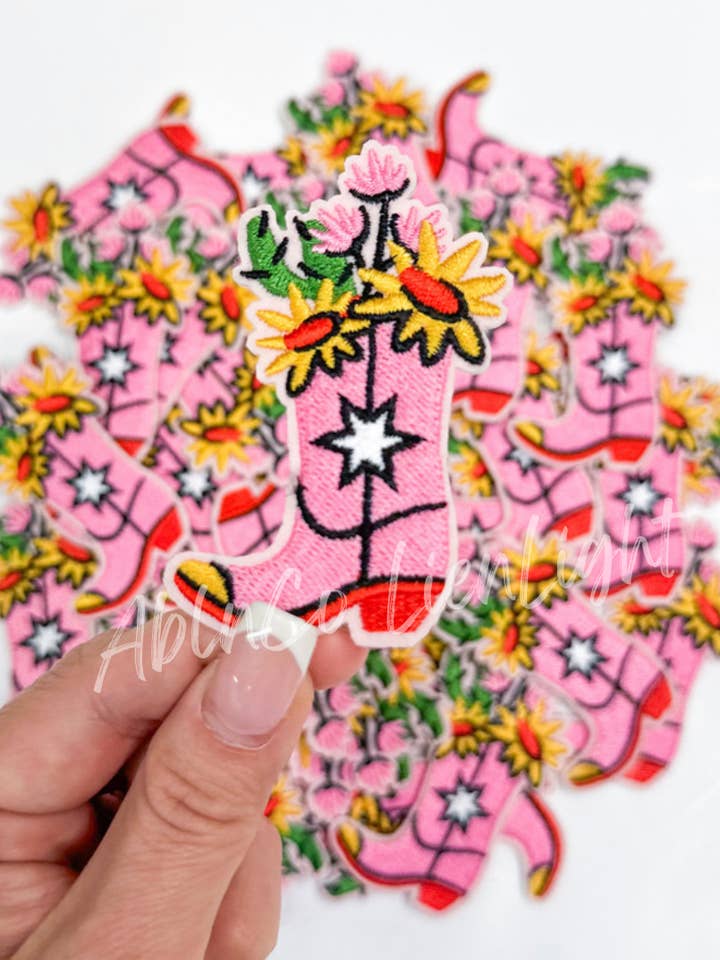 trucker hat patches 3” pink flower cowgirl boot patch for wholesale by ABLNco