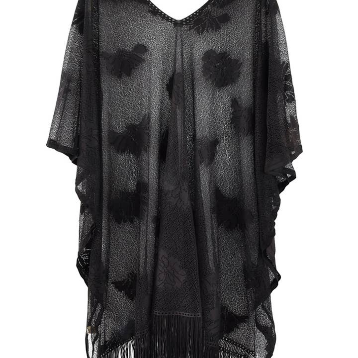 Gennemsigtig blomsterblondeponcho med frynser for engroshandel hos Collections by Fame Accessories