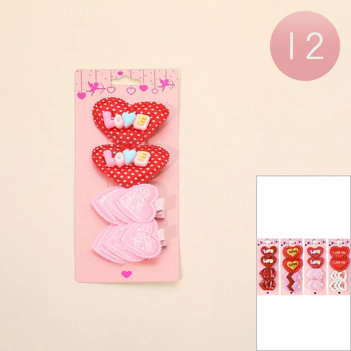 12 SET OF 4 - LOVE Heart Hair Clip Set for wholesale by Sensibling Corp.