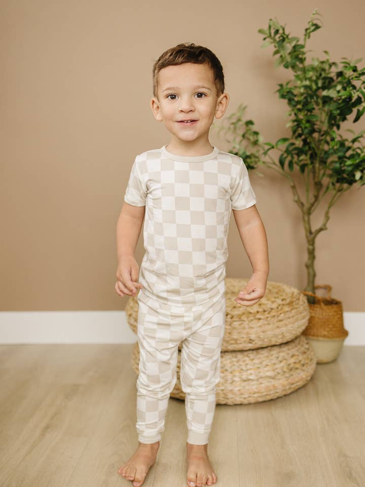 Little Joy Co. - Wholesale Sleepwear Set - Kids - Neutral Checker 2pc Bamboo Pajamas Toddler Boy PJs Set Check