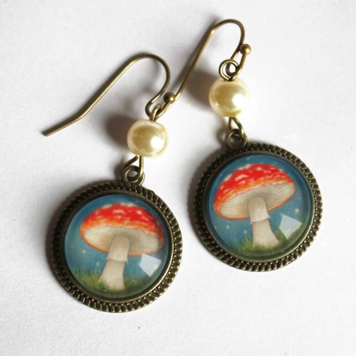 The Divine Iguana – wholesale Hängande örhängen – Månbelyst svamp glas Cabochon örhängen w/pärla pärla