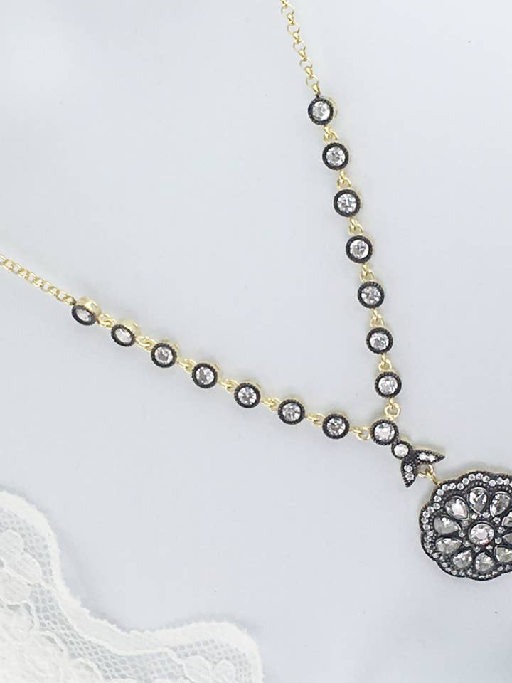 Exceptional Beauty Gold Plated 925 Sterling Silver, Antique Diamond Looking 18 Inch, Opulent Necklace, Royal Jewelry, Excellent, Gift Boxed for wholesale by Dynasty Gold Jewelers, Inc.