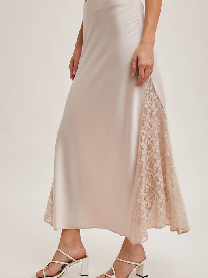 Bluivy - Wholesale Skirt - Women's - LACE TRIMMED MID-RISE SATIN MIDI SKIRT