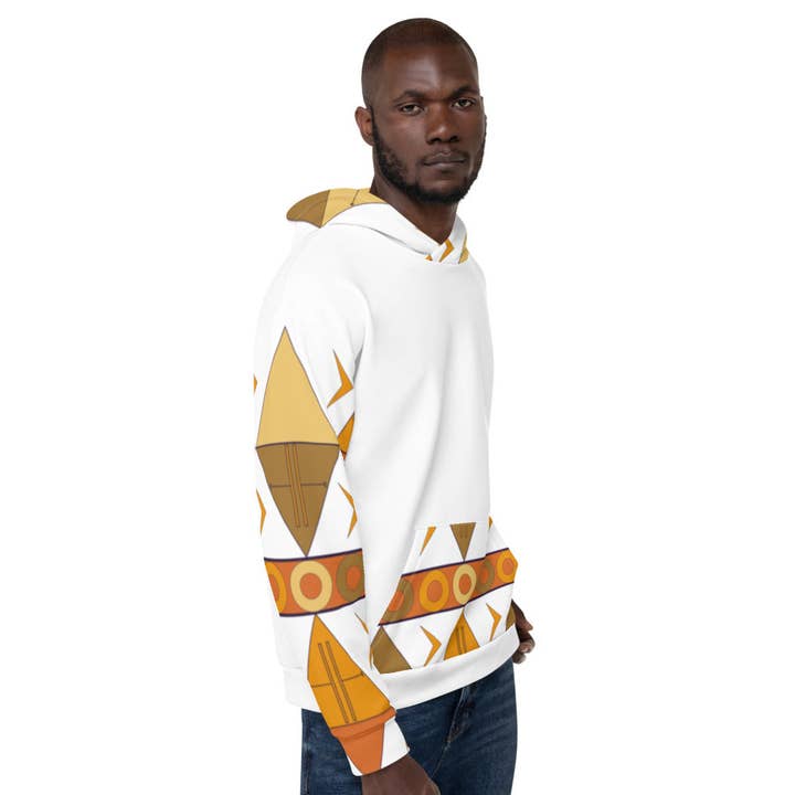 Sweat à capuche unisexe à imprimé tribal africain - Terre/Blanc pour la vente par STFU