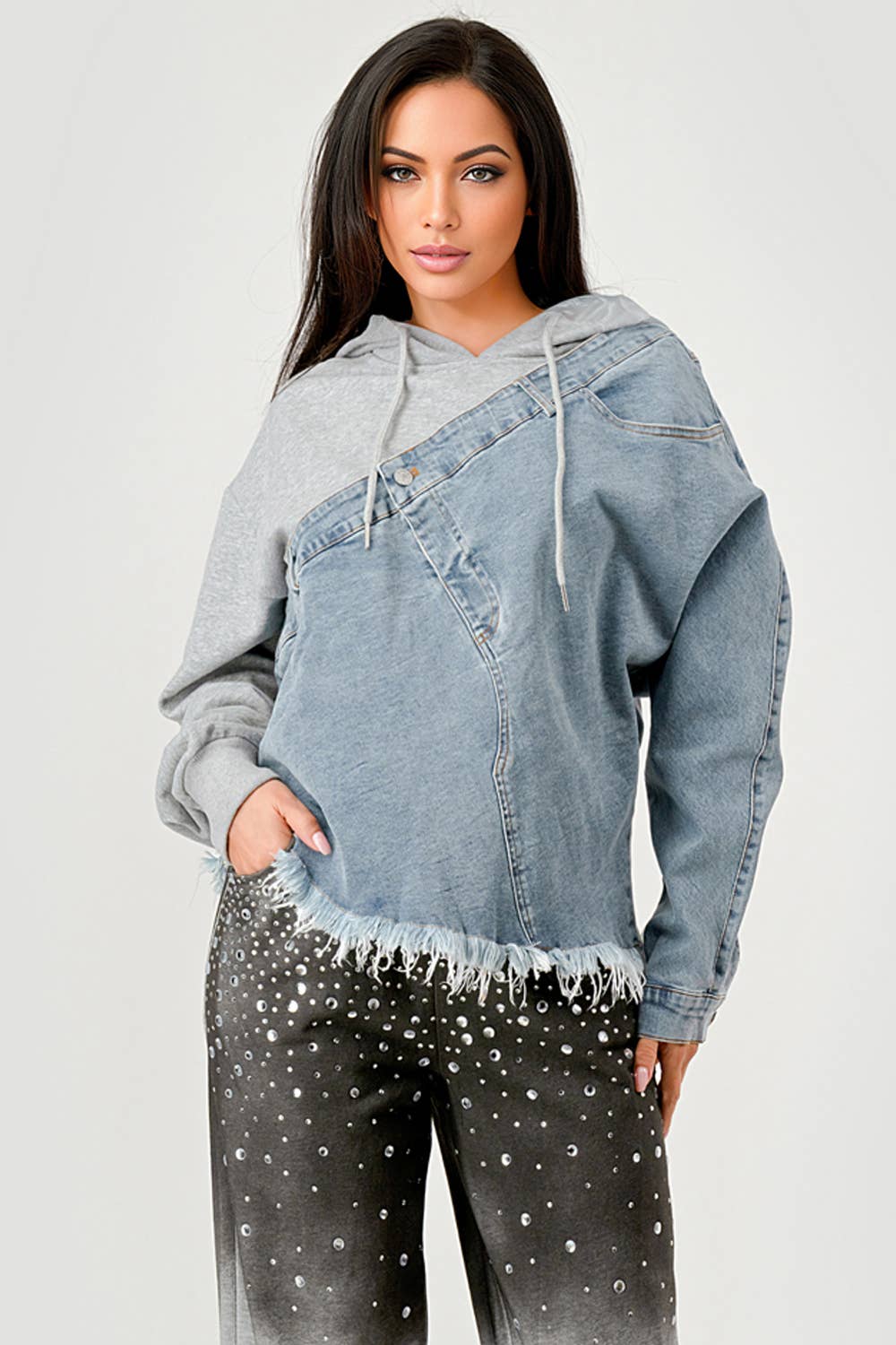 GREY COMBO NT1088A Denim and Hoodie Contrast Top for wholesale on Faire1
