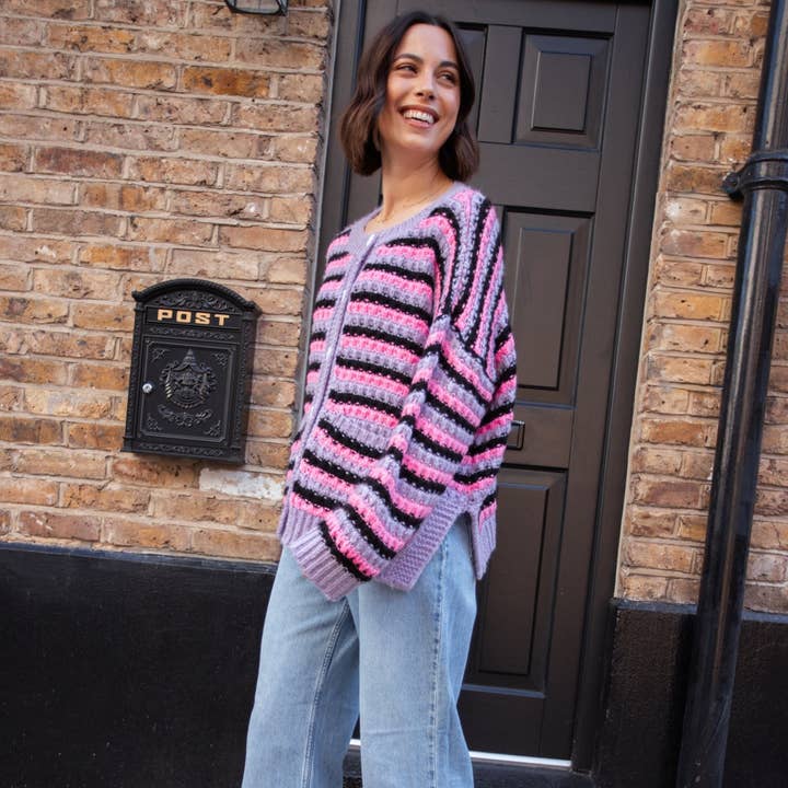 Cara & The Sky - Wholesale Cardigan - Women's - Bernice Stripe Cross Stitch Cardigan - Lilac20