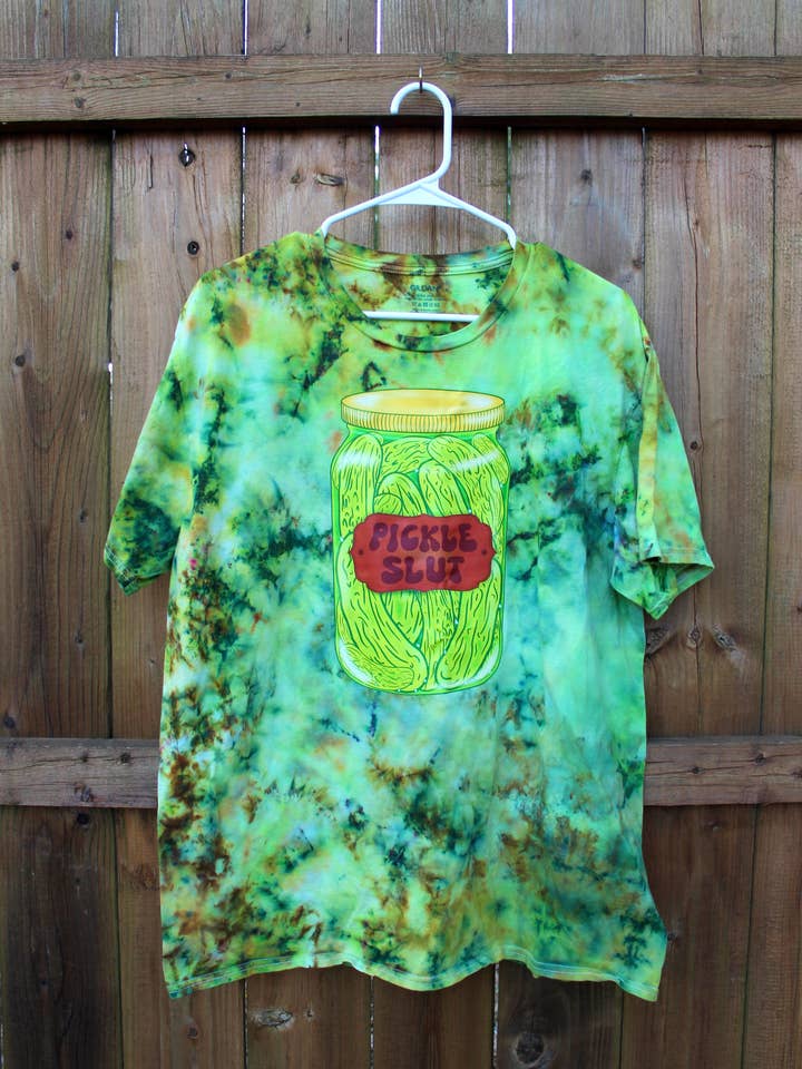 "Pickle Slut" Original Art Pickle Lovers Tie Dyed Tee for wholesale by Riptide Realm