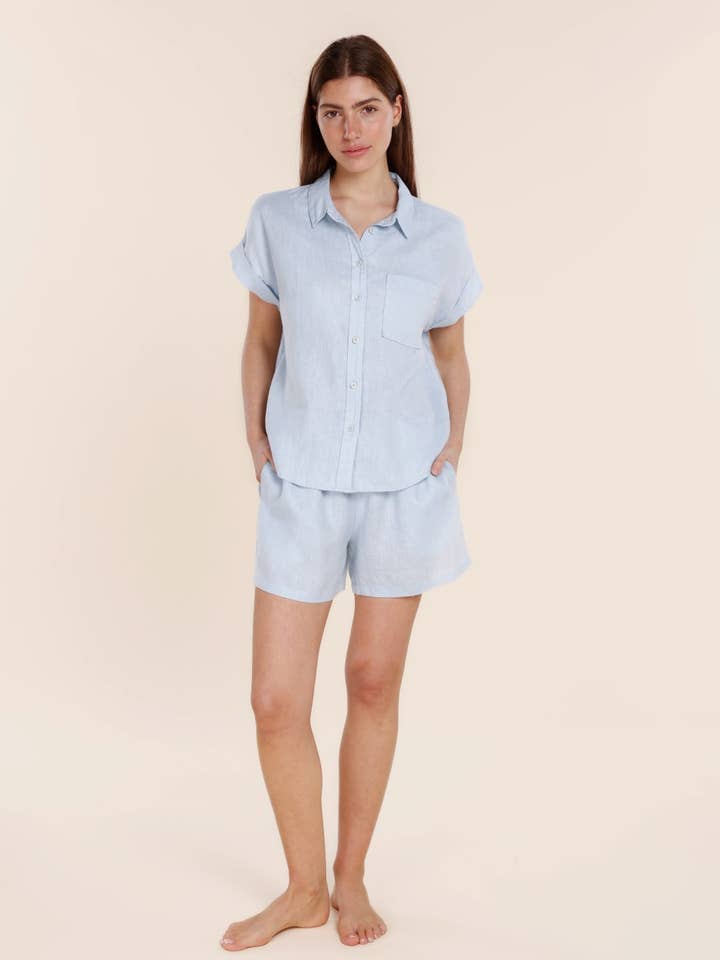 Set Pigiama Corto in Lino - Charlotte Blu per la vendita all'ingrosso da parte di Gingerlilly